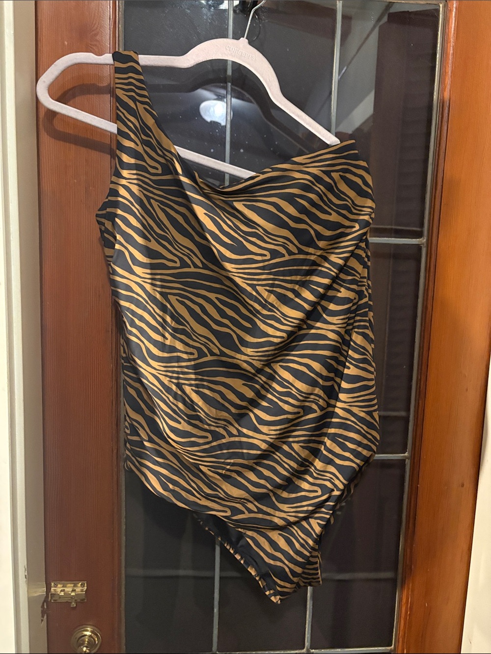 knix One-Shoulder Zebra-Print Swimsuit in Black and Gold-Tan
